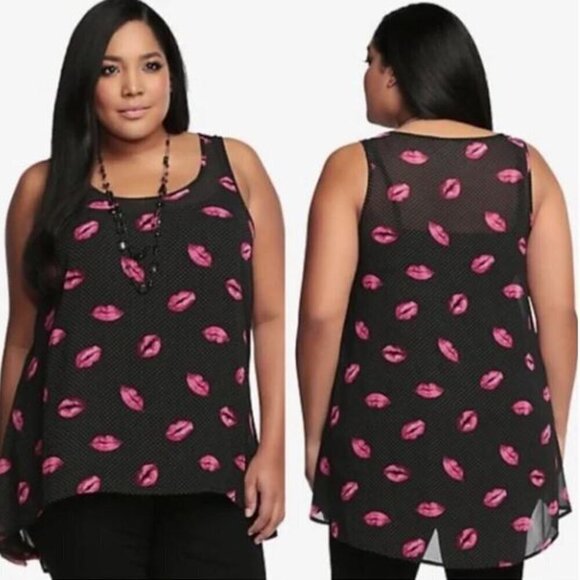 TORRID Sheer Chiffon Black & Pink High Low Tank Top Printed Lips Kiss 2X - Picture 1 of 4